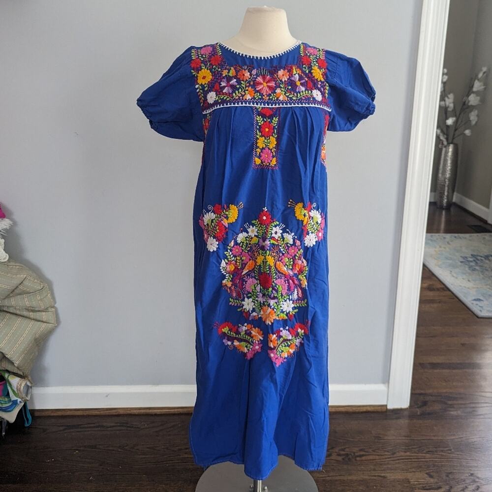 Vintage Puebla Maxi Dress Small 70s Blue Colorful Flower Basket Cotton - Picture 4 of 10